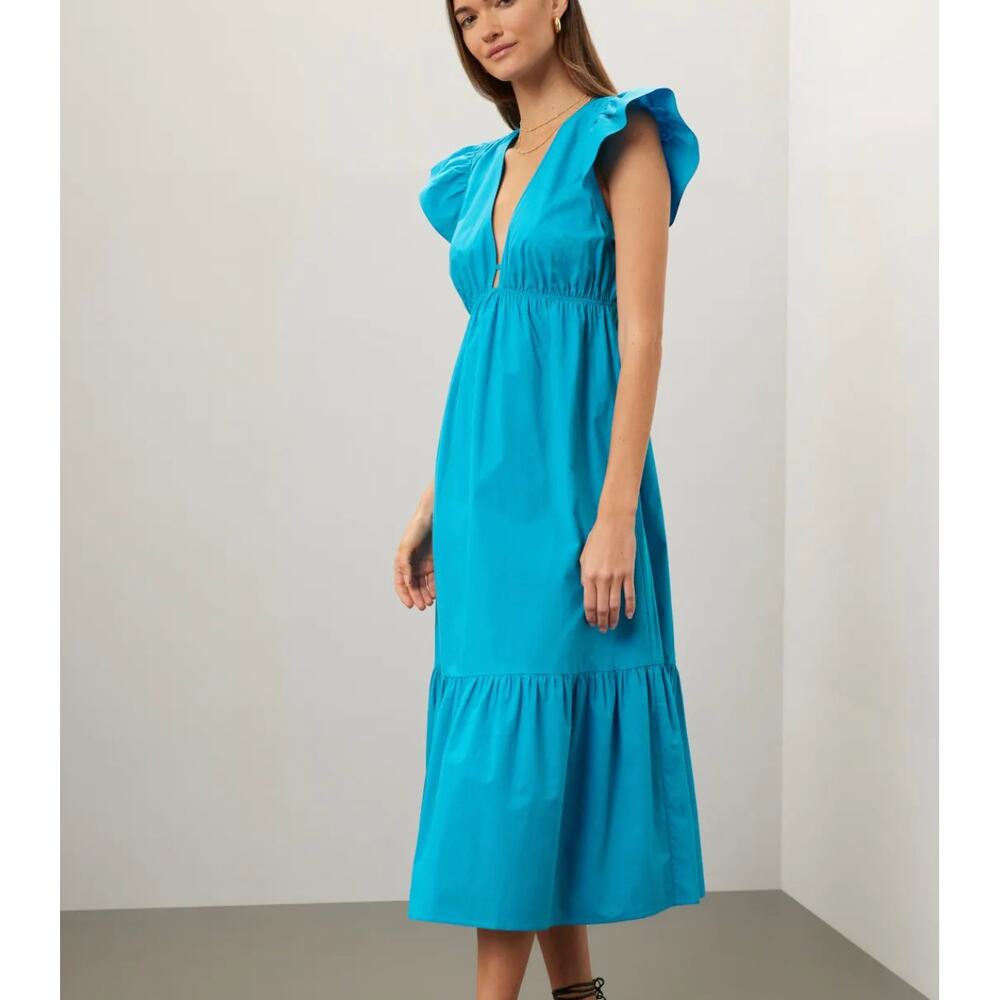 Rails Cerulean Blue Midi Dress SMALL Cottage Tiered Ruffle Cotton Designer $248 - Picture 2 of 11